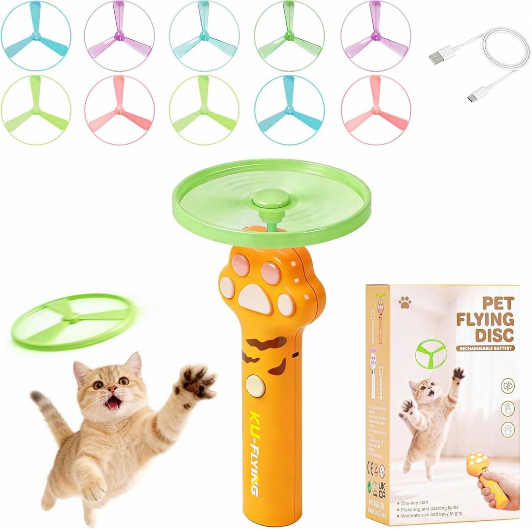 Cat Fetch Toy Launcher with 10 Soft & Flexible Discs, Cat Toys for Indoor Cats, LED Glowing Launcher, Electric Interactive Kitten Toy for Hunting & Exercise, USB Rechargeable
