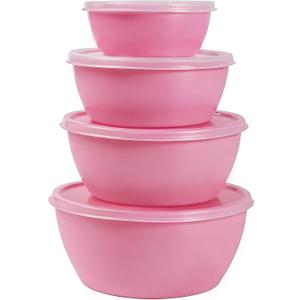 4-Piece Classic Plastic Prep Bowls with Lids, Nesting Plastic Small Mixing Bowl Set for Mixing, Baking, Prepping, Cooking and Serving Food, Microwave and Dishwasher Safe (Pink)