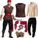 7PCS Mens Pirate Costume Renaissance Costume Outfit Medieval Costume Viking Pirate Accessories Vest Shirts Pants Belt