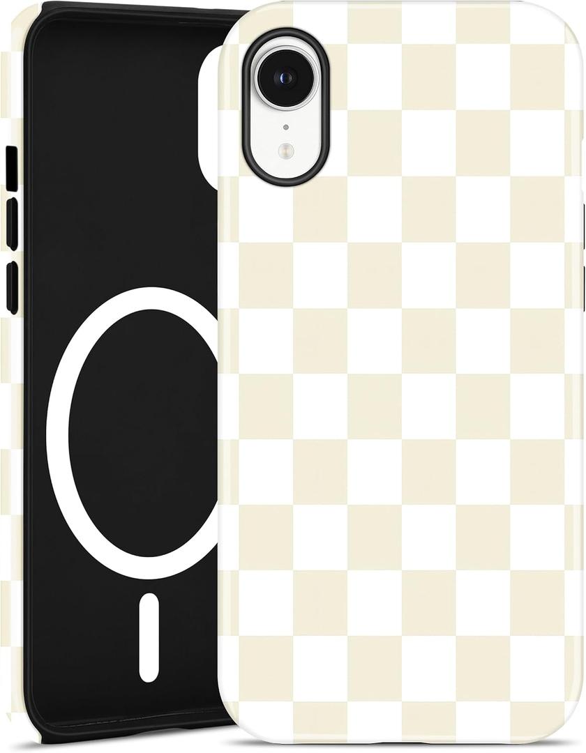 Jusy Compatible with MagSafe Checkerboard Phone Case for iPhone XR, Cute Aesthetic Checkered Magnetic Soft TPU and Hard PC Protective Phone Cover for Women Girls (Matte） Beige