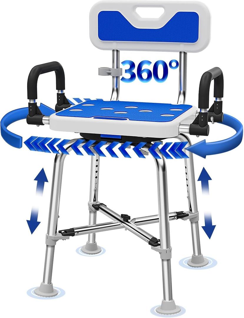 360° Swivel Shower Chair with Arms and Back, Heavy Duty 500 lbs Bariatric Bath Bench for Seniors Elderly Disabled Adults, Upgraded Adjustable Height Shower Stool for Inside Shower Stall