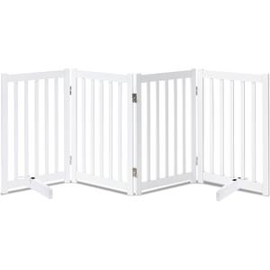 LZRS Freestanding Extra Wide Dog Gate 30 inch Tall - 4 Panels Solid Wooden Pet Gate for Doorways, Stairs, Hallways,Kitchens& Long Areas, Expandable & Foldable with Support Feet,Indoor Use,White