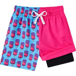 westwolf Boys Swim Trunks with Compression Liner Casual Bathing Suit for Kids Swim Shorts 6-18 Years (A1 Pink Blue)