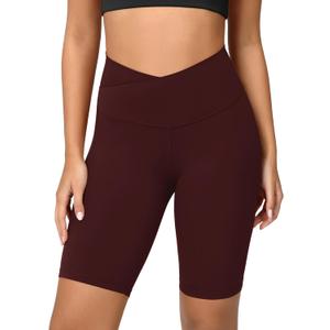ODODOS Women's Crossover Yoga Shorts with Back Pocket, 8" Buttery Soft V High Waist Lounge Biker Shorts, Burgundy, Small (S)