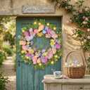 Pastel Easter Wreath for Front Door with Lights, 18 Inch Spring Floral Wreath with Colorful Eggs, Daisy & Eucalyptus Greenery, Farmhouse Easter Door Decor