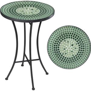 Vipush Mosaic Outdoor Side Table, 14" Round Folding Plant Stand for Patio Garden Backyard Balcony Porch Indoor Accent End Table for Living Room, Ceramic Tabletop with Black Iron, Green