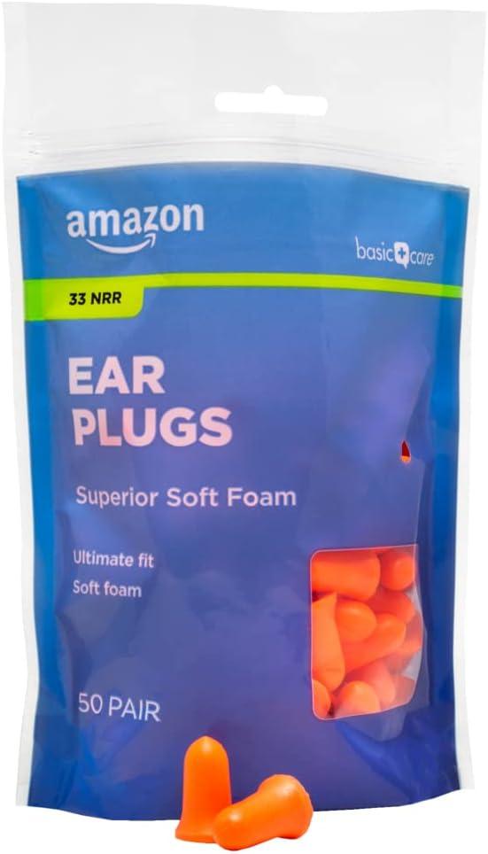 Amazon Basic Care Soft Foam Noise Cancelling Earplugs for Concerts, Hearing Protection, 100 Count (1 Pack of 50 Pairs)