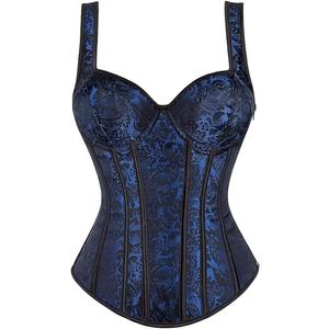 Women's Lace up Gothic Jacquard Shoulder Straps Tank Overbust Shaper Corset Bustiers Top (X-Large, Blue)