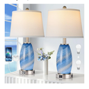 Blue Lamps Set of 2 for Bedroom & Bedside with 3-Way Lighting Modes & USB C+A - Modern Style Glass Nightstand Table Lamps for Living Room & Bedroom Decoration (23.5" H)