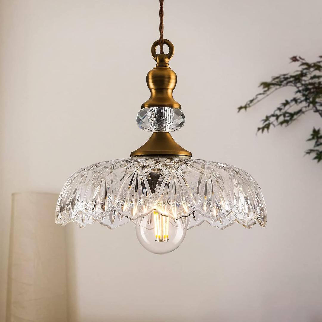 CVKASH Vintage Glass Pendant Light Fixture Brass Modern Adjustable Chandelier Farmhouse Hanging Light for Hallway Porch Kitchen Bedroom Coffee Shop Dining Room Island