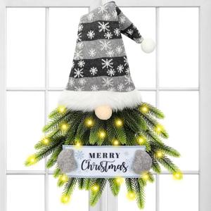 Lighted Gnome Christmas Wreath for Front Door - Artificial Santa Xmas Hanging Sign for Window Wall Decorations - Farmhouse Home Decor (Silver)