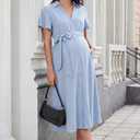OUGES Women's Summer Maternity Dress Collar V Neck Button Down Tie Waist Casual Midi Dresses with Pockets 2026 (Blue, M)