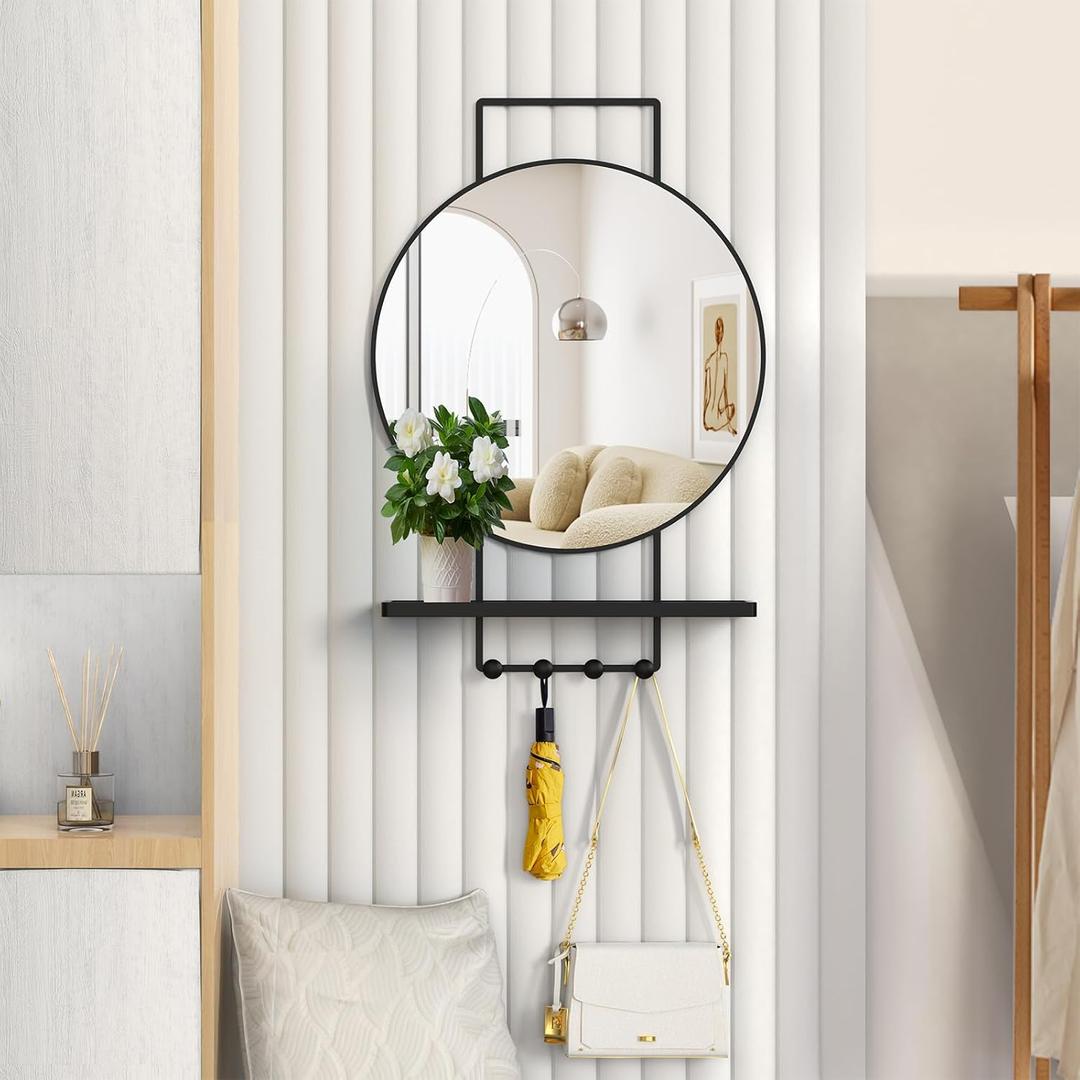 BEAUTME Wall Mirror with Shelf and Hooks, Round, Modern, 30x20 Inch Black