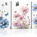 Flower Canvas Wall Art Colorful Floral Picture for Bathroom Watercolor Blue Yellow Pink Wildflower Wall Decor Nature Scenery with Butterfly Painting Framed Artwork (12" W x 16" H x 3 Panels)