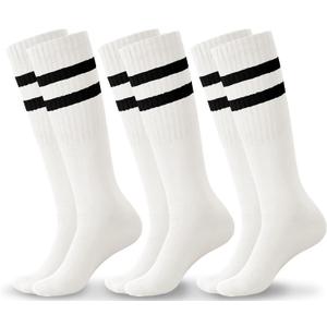 Haloumoning 3 Pairs Boys Soccer Athletic Socks Kids Striped Football Knee High Uniform Sports Tube Socks 4-15 Years (White)