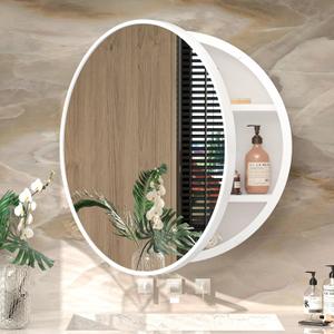 TokeShimi 20 Inch Round White Framed Medicine Cabinet for Bathroom with Vanity Mirror Small Metal Bathroom Mirrored Cabinet for Wall Mounted Only Circle Farmhouse Medicine Cabinet Detachable Shelves