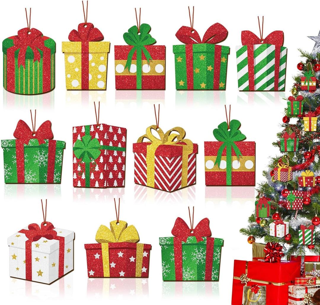 24pcs Box Ornaments Present Box Wooden Ornaments Xmas Tree Hanging Wood Signs Crafts Reusable Gifts Christmas Tree Decor for Winter Xmas Holiday Party Outdoor Indoor Home Office Favor