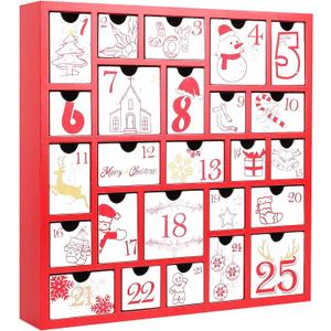 Christmas Wooden Advent Calendar with 25 Large Drawers, Countdown to Christmas Decoration Large Size Xmas Countdown Calendar 2024 Hand Painted Refillable Advent for Holiday Decoration(Red)