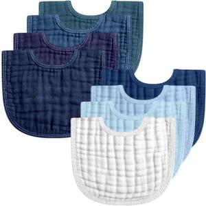 Frienda 8 Pcs Muslin Baby Bibs Cotton Bandana Drool Bibs Bulk for Newborn Infant 6 Absorbent Layers Feeding Accessory (Blue Colors)
