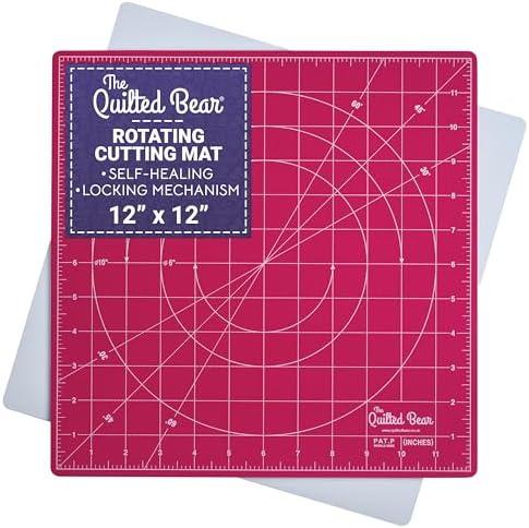 The Quilted Bear Rotating Cutting Mat 12" x 12" - Locking & Rotating Self Healing Cutting Board for Sewing, Fabric & Quilting - 360 Degree Sewing Supplies Mat for Craft Table (Pink)