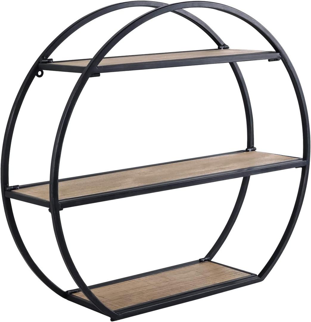 Industrial Style Semi-Circle Shaped Wall Shelves, 3 Tier Decorative Floating Ledge Shelves, Wall Mounted Metal Bracket Wooden Display Hanging Shelf
