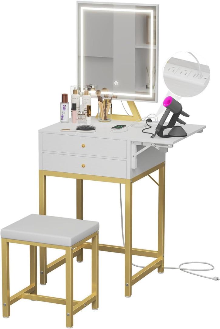 Small Makeup Vanity Desk with Lights - White Girls Vanity Set with Mirror and Chair, Make Up Dresser Table with Drawers and Power Outlet for Bedroom Small Space, Gold