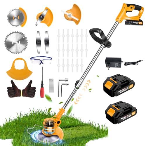 20000 RPM Electric Weed Wacker Cordless Eater, 21V Height Adjustable 6" Heavy-Duty Garden Edger Brush Cutter Cordless, Grass Trimmer Lawn Mower Trimmer with Blades, 2 Batteries, Charger (Yellow)