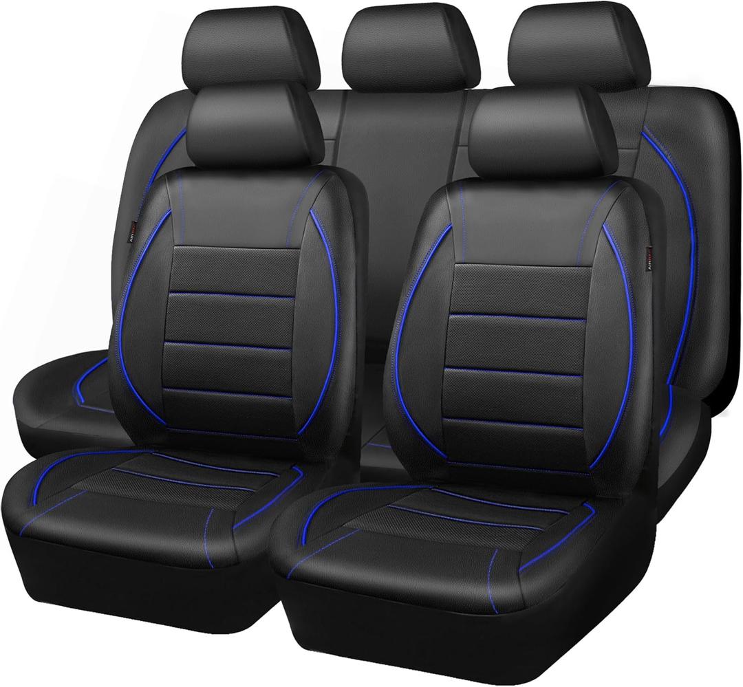 CAR PASS Universal FIT Piping Leather Car Seat Cover, for suvs,Van,Trucks,Airbag Compatible,Inside Zipper Design and Reserved Opening Holes (Full Set, Black and Blue)