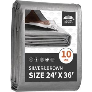 Tarps Heavy Duty Waterproof 24x36 Feet, 10Mil Multipurpose Large Tarp Cover with Metal Grommets and Reinforced Edges, Silver/Brown Tarp by RAINDEWAY (24'36'-Finished Size, Silver/Brown)