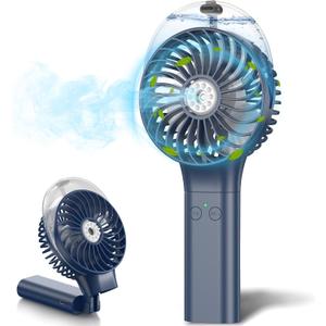 MORECORE Portable Misting Fan, 180 Foldable Handheld Personal Fan with Mist Spray, 3 Adjustable Wind Speeds, USB Rechargeable for Travel Outdoors Makeup Camping Home Office (Dark Blue)