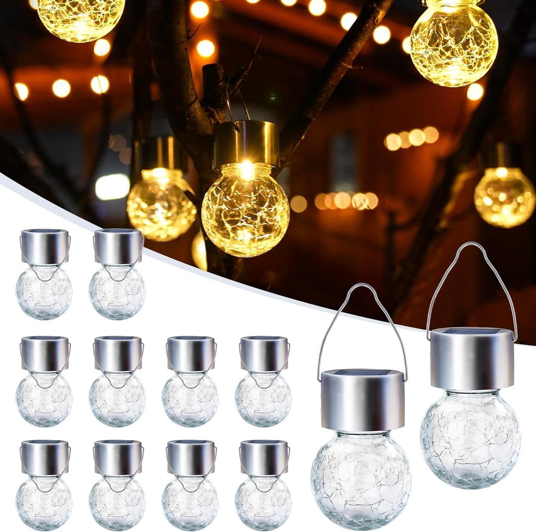 GIGALUMI Solar Lights Outdoor Waterproof, 12 Pack Solar Hanging Lights Garden Decor, Gifts for Women, Solar Outdoor Lantern Waterproof Cracked Glass for Yard, Fence, Tree(Warm White)