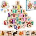 QUOKKA Montessori Wooden Blocks for Toddlers 1-3 - 35 Realistic ABC Learning Baby Blocks for Kids 3-5 Year Olds - Stacking Alphabet Wood Toys for 2-4 yo - Learn Letters Numbers