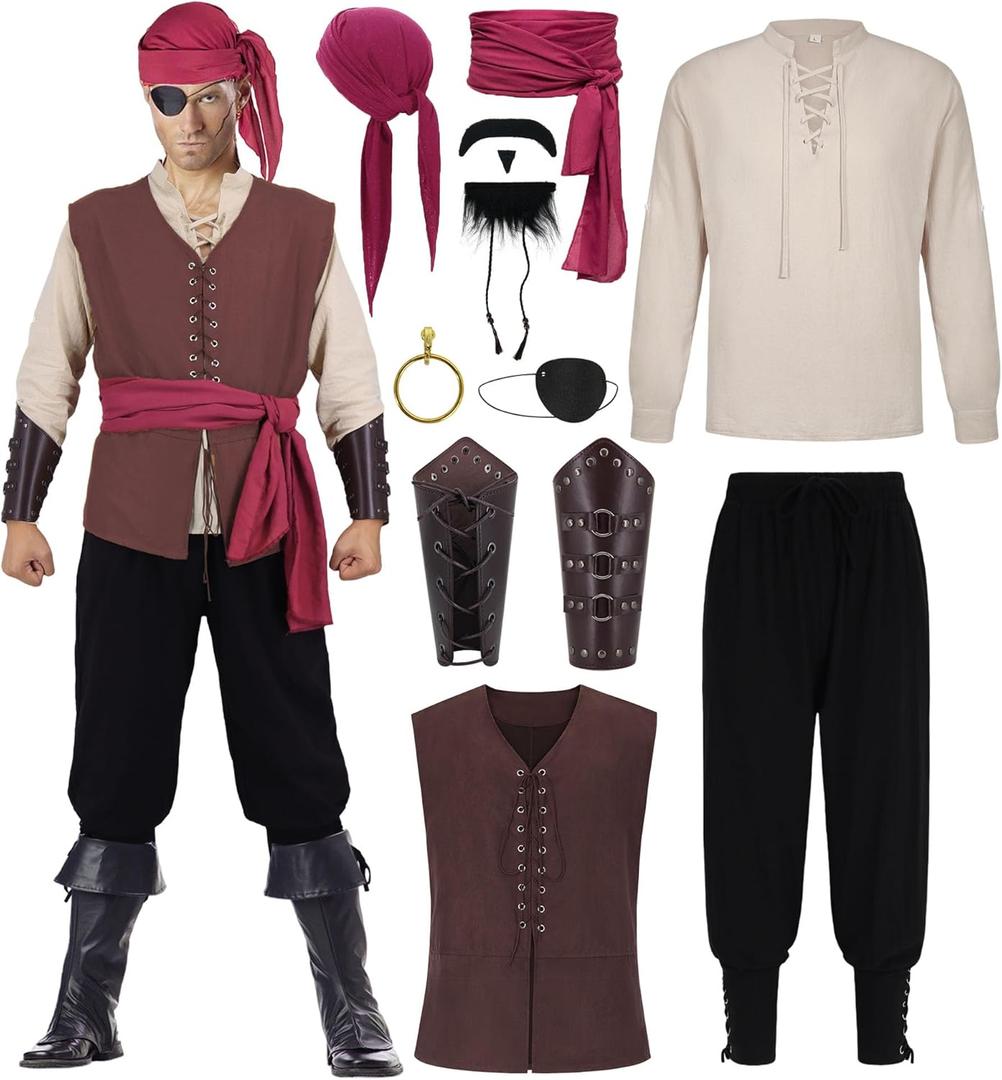 11 pcs Mens Pirate Costume Adult Renaissance Medieval Shirt Vest Pants Halloween Cosplay Outfit with Accessories (XL)