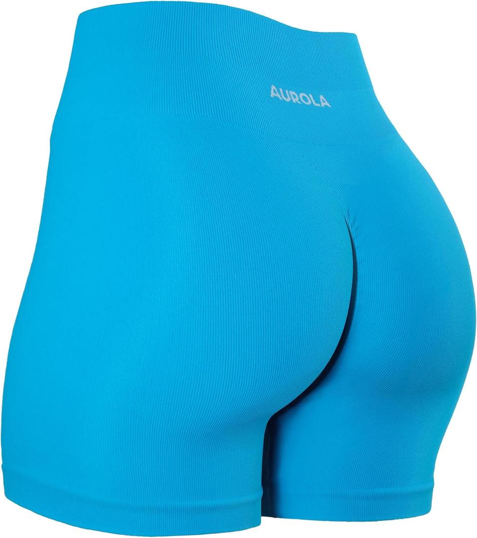 AUROLA Power Workout Shorts for Women Tummy Control Squat Proof Ribbed Thick Seamless Scrunch Active Short (Blue, S)