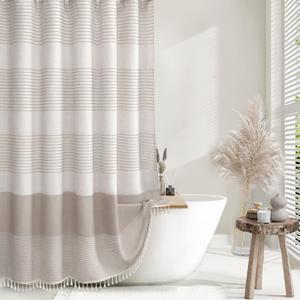 Awellife Farmhouse Taupe Shower Curtain for Bathroom Linen Texture Stripe Tassel Shower Curtain 72 X 72 Inches Neutral