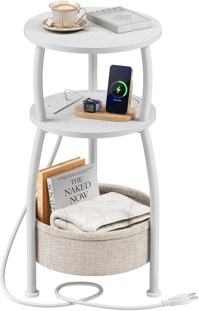 Round Side Table, 3-Tier End Table with Power Outlets, Small Table with Storage Basket, Coffee Table Sofa Side Table for Small Spaces, Nightstand for Living Room Bedroom, 11.81in, Matte White, 11.81" Dia with Power Strip