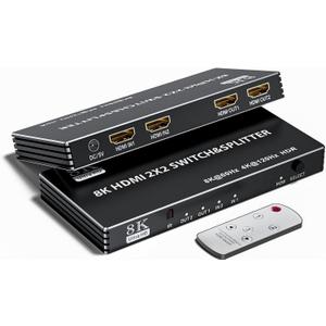 2x2 HDMI Switch Splitter, HDMI 2.1 Switcher 2 in 2 Out 8K@60Hz 4K@120Hz, w/IR Remote Control, Supports HDCP 2.3 HDR, HDR10, HDR 10+, 3D (8K@60 2x2)