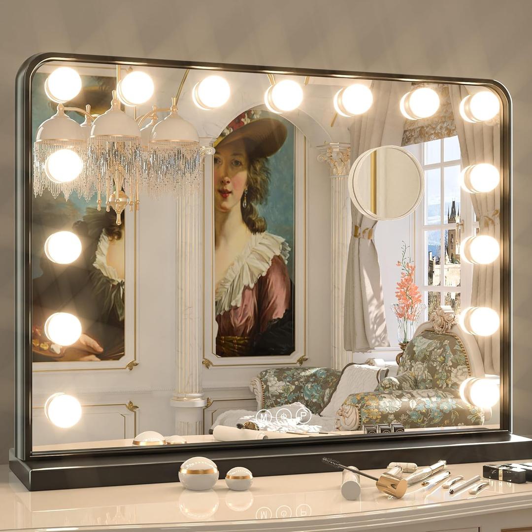 Keonjinn Black Vanity Mirror with Lights, 15 Replaceable Bulbs Hollywood Makeup Mirror with 2 Replacement Bulbs, 3 Color Lights, Aluminum Metal Frame, USB Charging Port, 23" x 18" Large Lighted Mirror