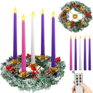 12 Inch Christmas Advent Wreath Candle Holder with 5 Flameless Candles Remote Control Wreaths Holder Centerpiece Decoration with Berries(Snowy Cedar Pine,11 x 0.8 x 0.8 in)
