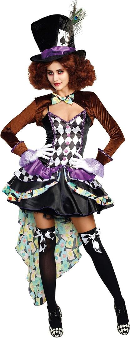 Dreamgirl Adult Mad Hatter Costume for Women, Womens Whimsical Mad Hatter Madness Halloween Costume (Large, Multi)