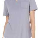 Women's V-Neck Ruffle Design Polo Shirts Short Sleeve Collared Loose Casual Tunic Blouses with Pocket (Light Grey)