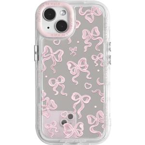 2 x NITITOP Compatible with iPhone 14 Plus Case Cute Mirror Bow Love Heart Pattern for Women Girls Ribbon Design Shockproof Silver Protective Phone Cover - Light Pink Bow