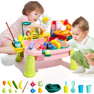 JEFLYM 2026 Upgraded Toddler Sand Water Table Toy with Electric Water Pump, Kids Sand Water with Faucet/Play Food Accessories/Fishing Toy, Kitchen Play Sink Toys for Girl Boy Age 3+ (Pink)