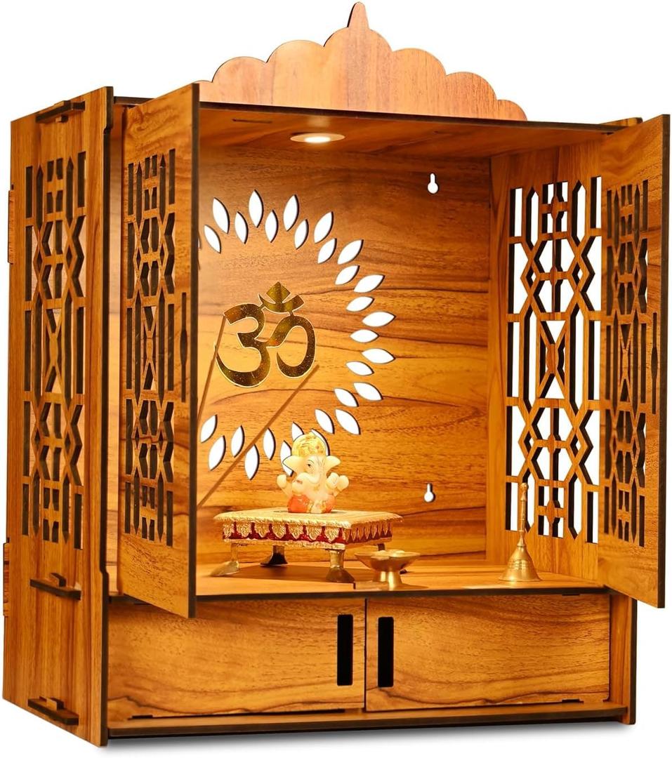 Wooden Pooja Temple for Home Pooja Office Puja Mandir Diwali Gift Iten Religious Item with LED Light and Wall Mounts Pooja Mandir for Home (H-21, L-16, B-10 inch)