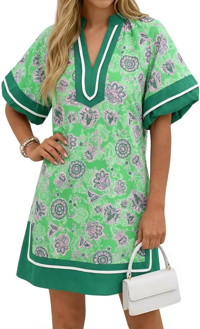 Wenrine Womens Summer Puff Sleeve Casual V Neck Mini Boho Floral Dresses (Green)