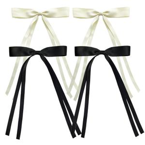 Women Girls Hair Clips, 4 PCS Tassel Ribbon Bowknot Hair Clips with Long Tail, Big Ribbon Bows Satin Hair Clip for Hair Design (Black+Beige)