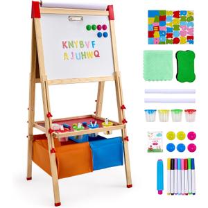 VEVOR Art Easel for Kids, 3-in-1 Wooden Double-Sided Kid's Art Easel with Magnetic Whiteboard, Chalkboard, Paper Roll, Adjustable Standing Drawing Board with Painting Accessories, Storage for Boy Girl