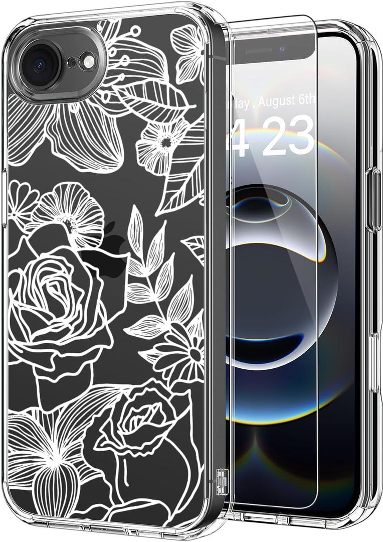 ICEDIO for iPhone 16e Case with Screen Protector-Clear with Fashionable Trendy Patterns-Designed for Girls and Women-Slim Fit Cover-Protective Phone Case 6.1" Elegant White Blooming Floral