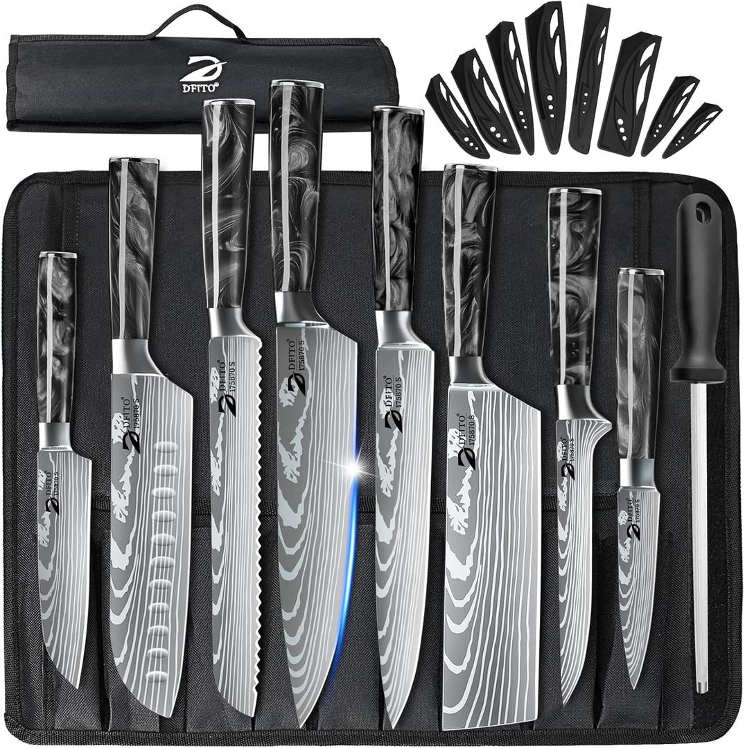 Dfito Chef Knife Sets with Roll Bag, 9 Pieces Professional Knife Set with Sharpener, High Carbon Stainless Steel Kitchen Chef Knife Set - Black Resin Handle, Dishwasher Safe, For Cooking, Chef Gifts