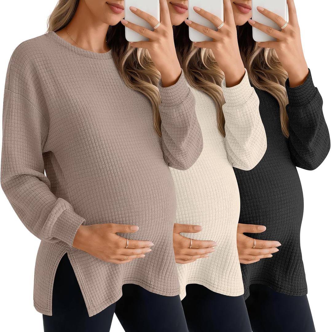 3 Pack Women's Maternity Shirts Long Sleeve Waffle Knit Side Split Oversized Tops Pregnancy Clothes Fall Tees (Large, Khaki, Apricot, Black)